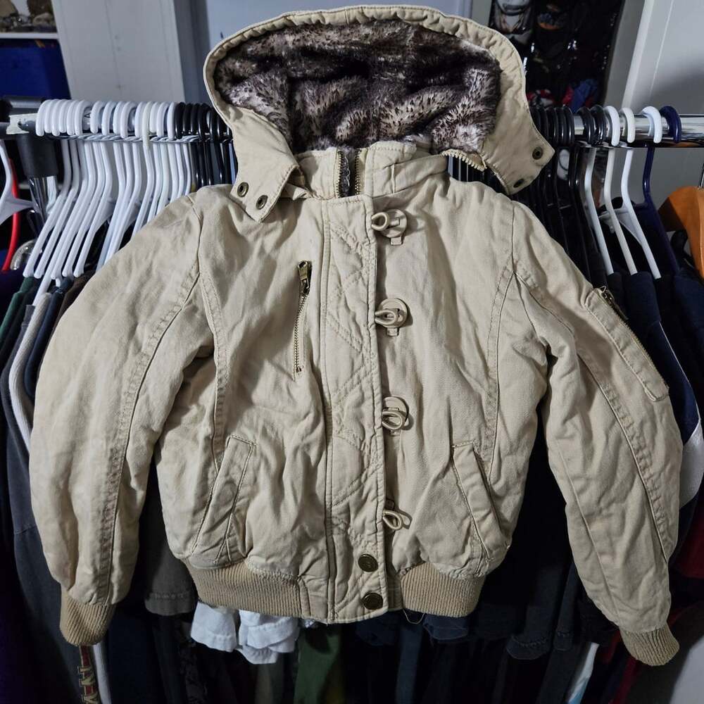 Urban Republic Cotton Twill Bomber Jacket Size 6X Tan Faux Fur Hood